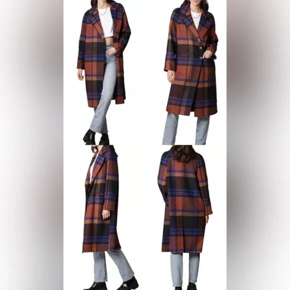 Avec Les Filles Navy Blue and Brown / Orange Plaid Wool Trench Coat - Picture 4 of 5
